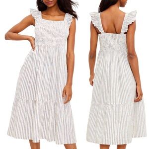 Loft Cotton Blend Clip Stripe Smocked Ruffle Pockets Lined Breeze Midi Dress S